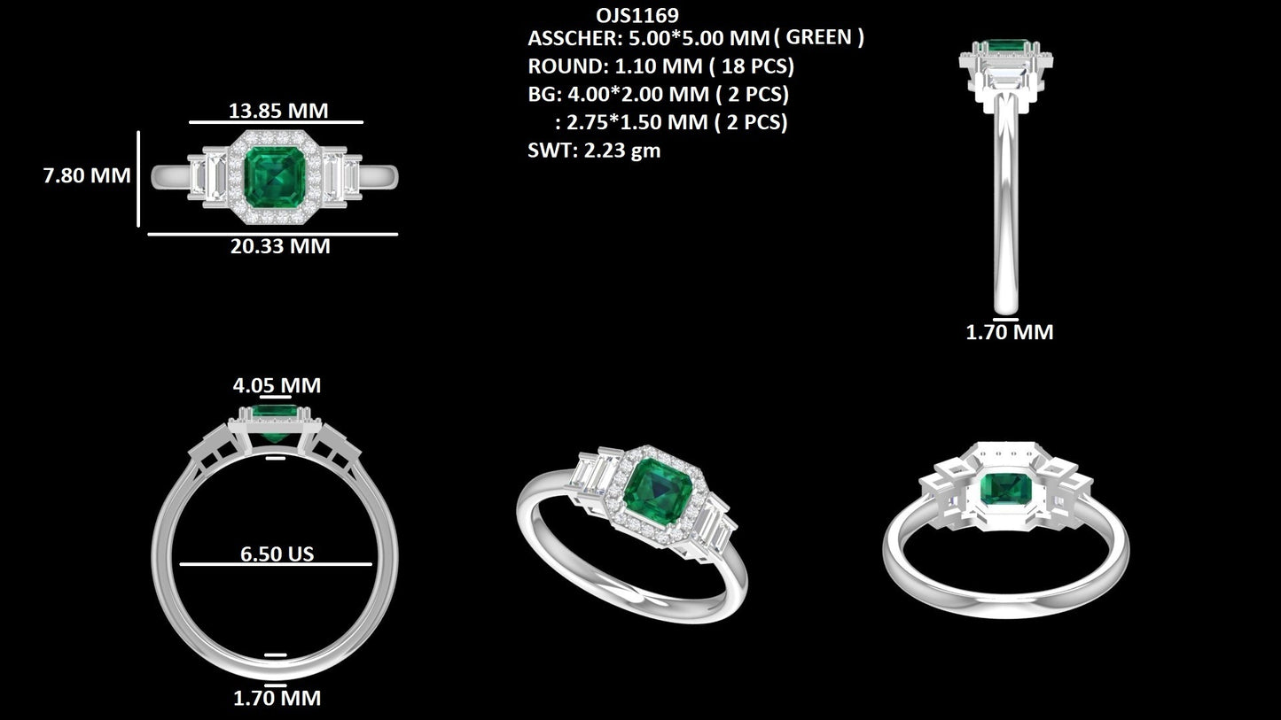 Green Asscher Gemstone Baguette Diamond Ring
