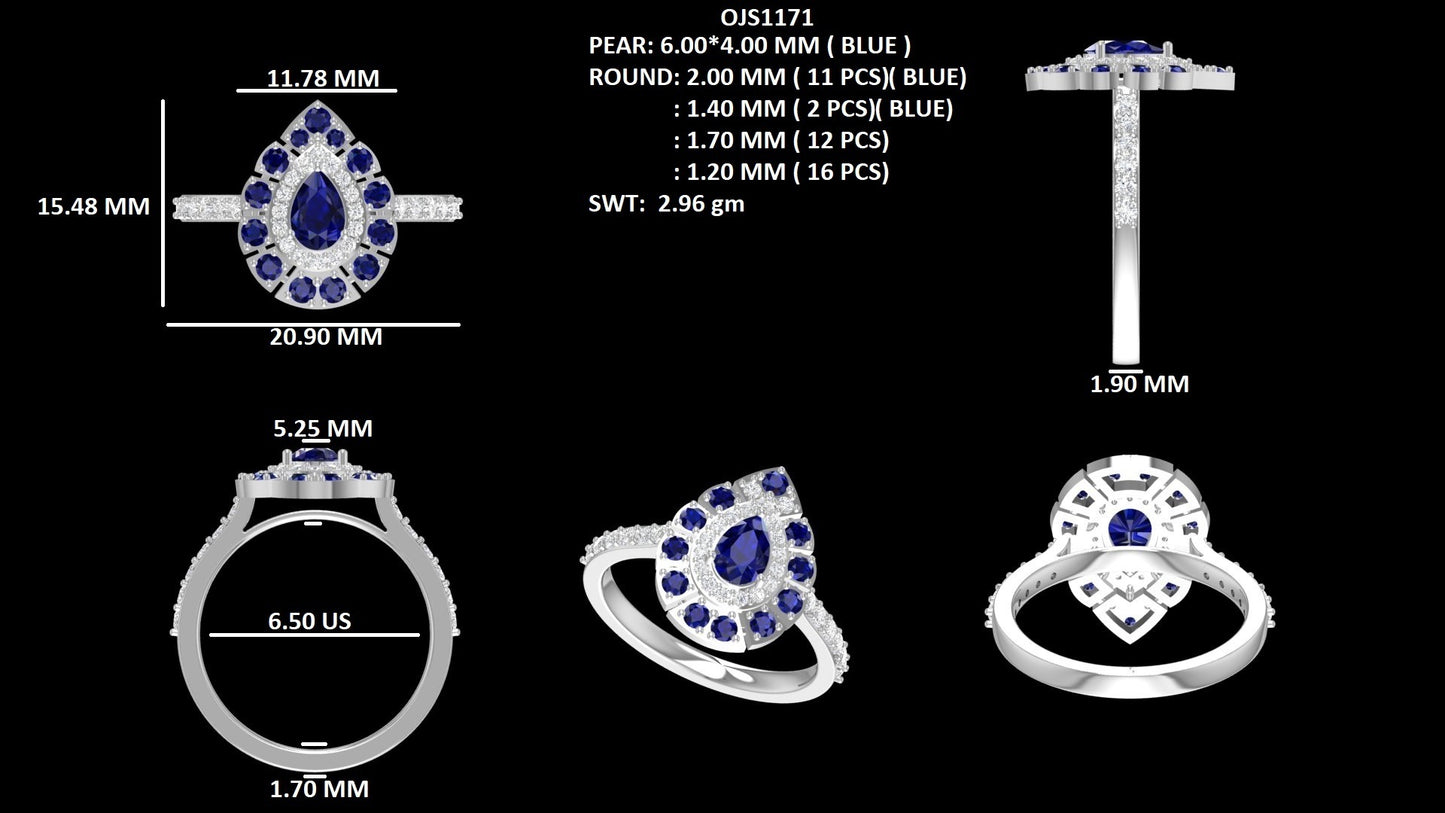 Pear Sapphire Gemstone Halo Accent Ring