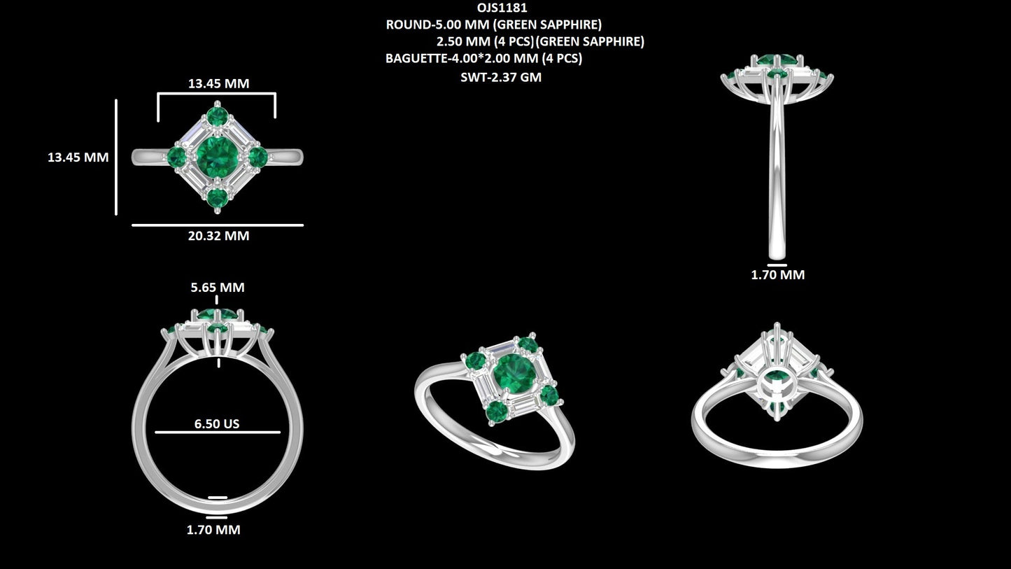 Green Round Gemstone Baguette Halo Promise Ring