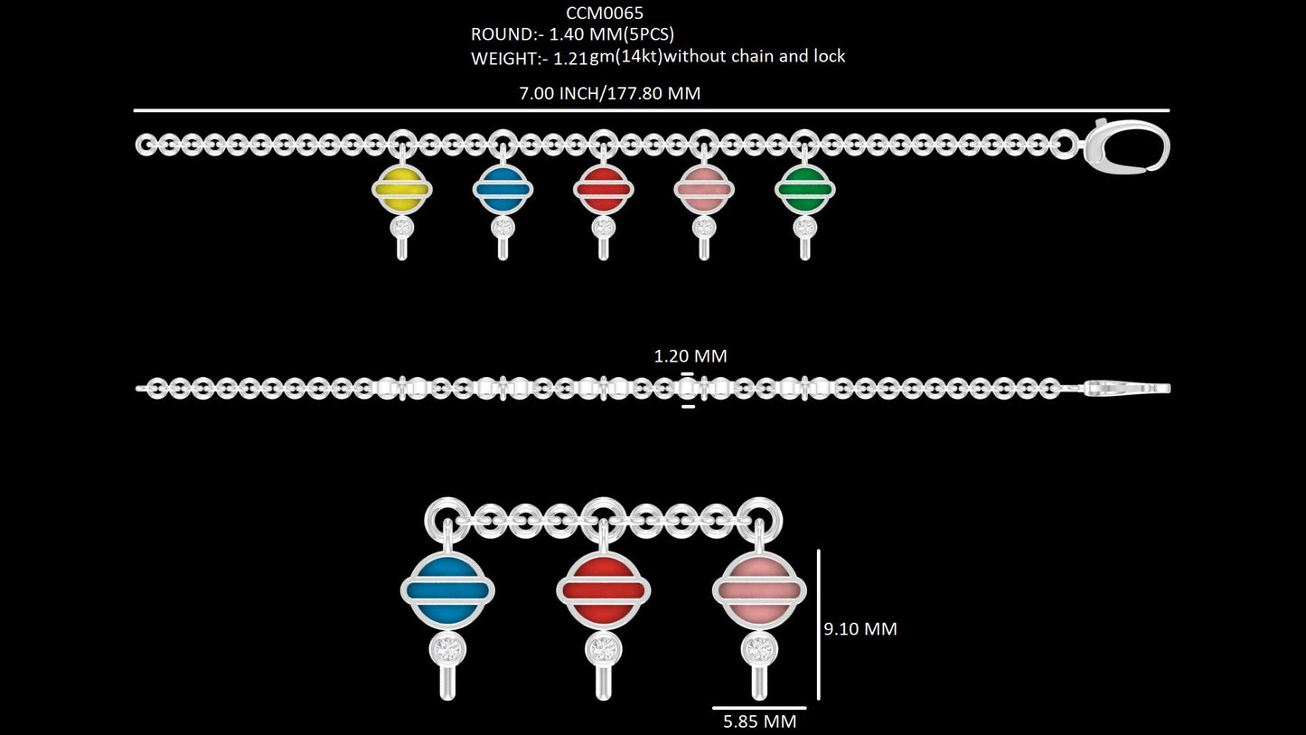 Bezel Set Round Diamond Multi Enamel Anklet