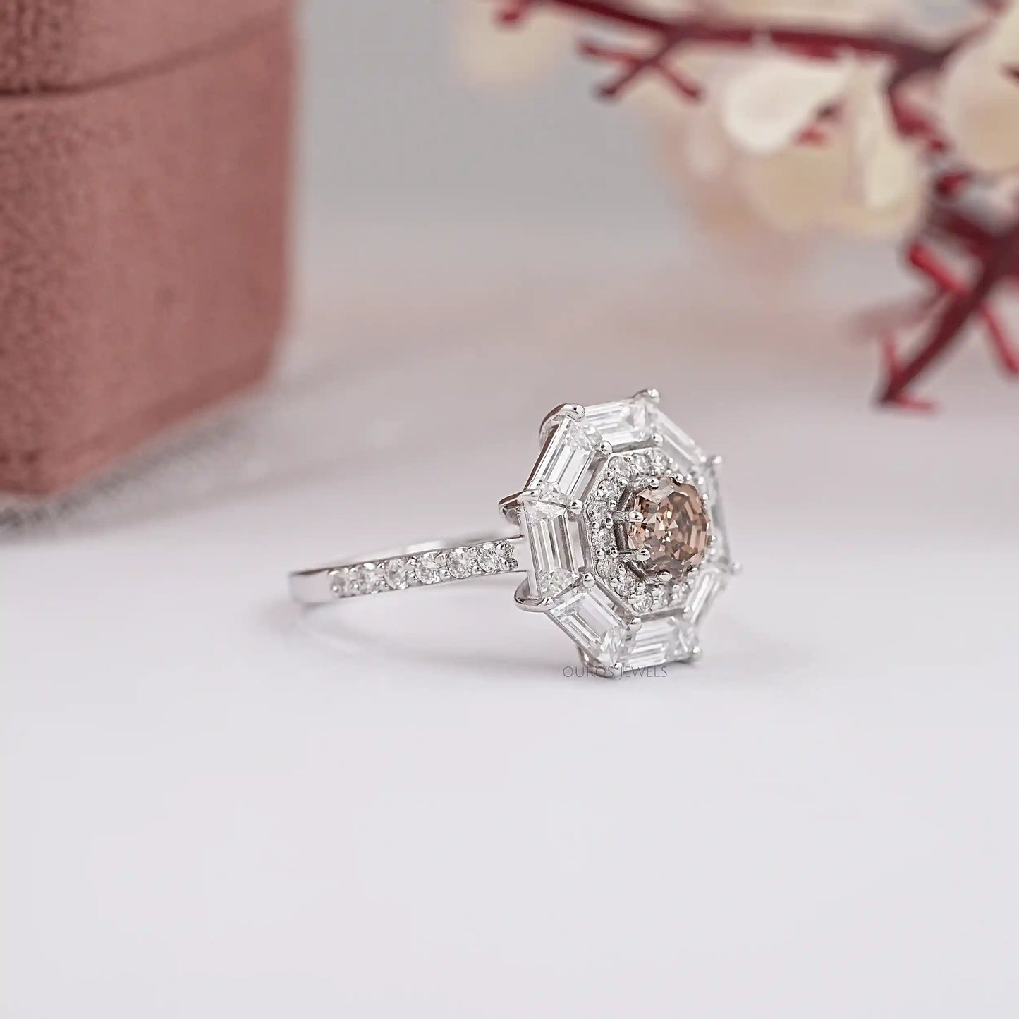 Chocolate Octagon Shape Double Halo Ring