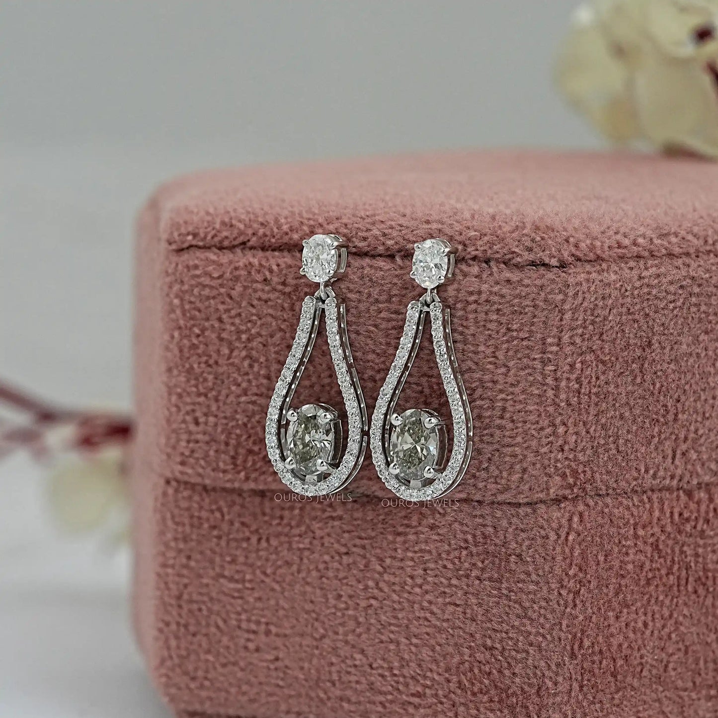 Olive Oval Cut Halo Drop Dangle Earring