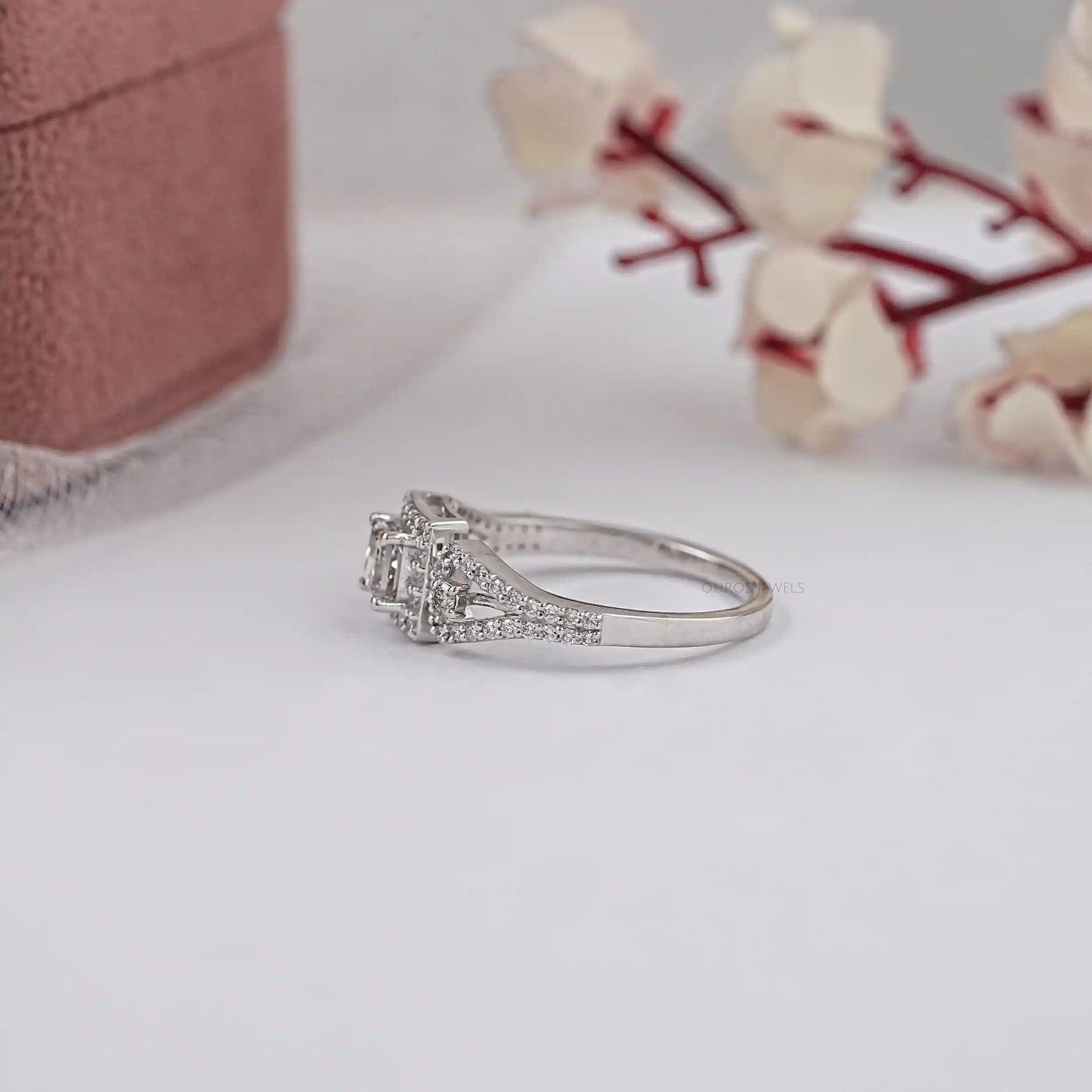 Three Stone Olive Princess Cut Lab Diamond Ring