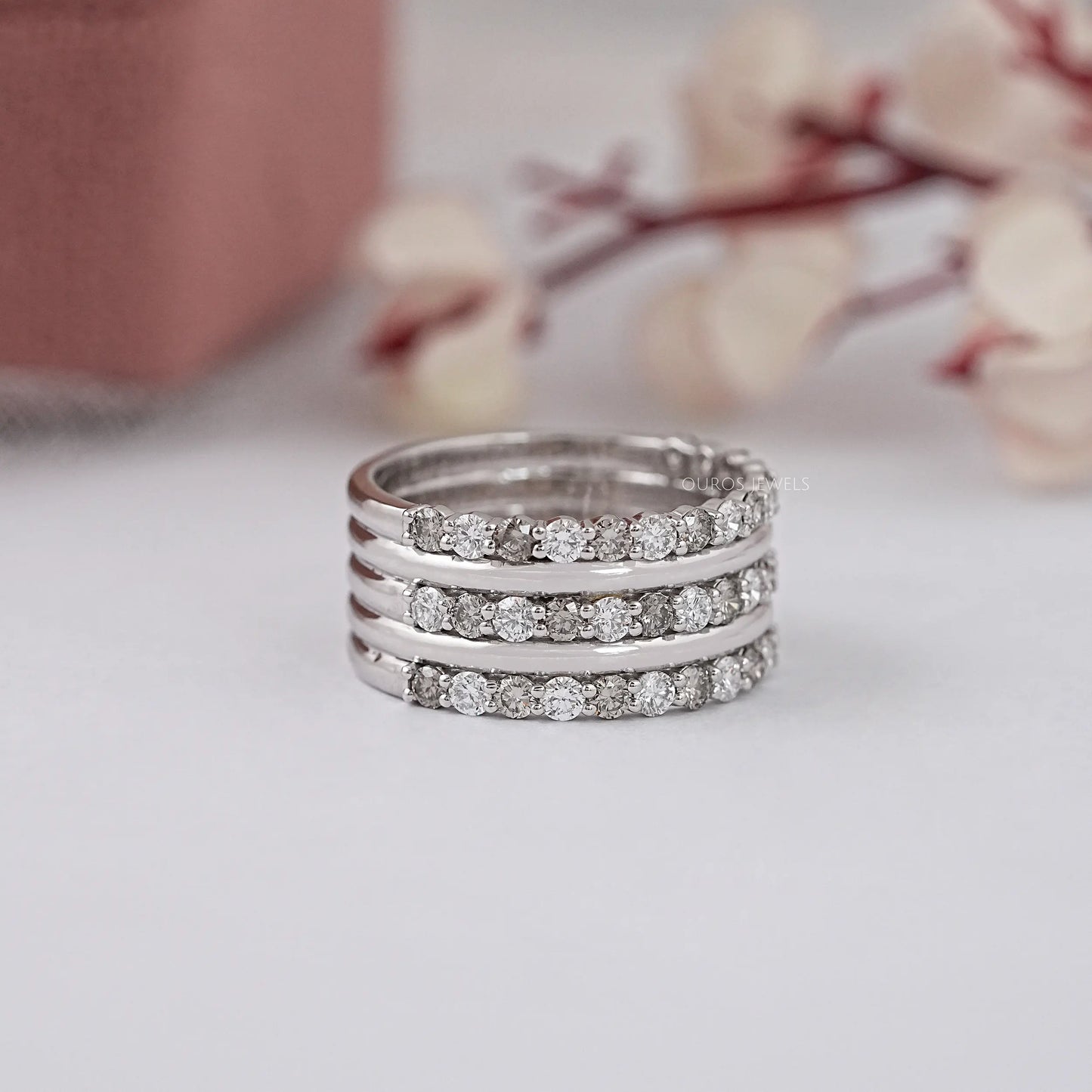Olive Round Cut Three Layer Half Eternity Band