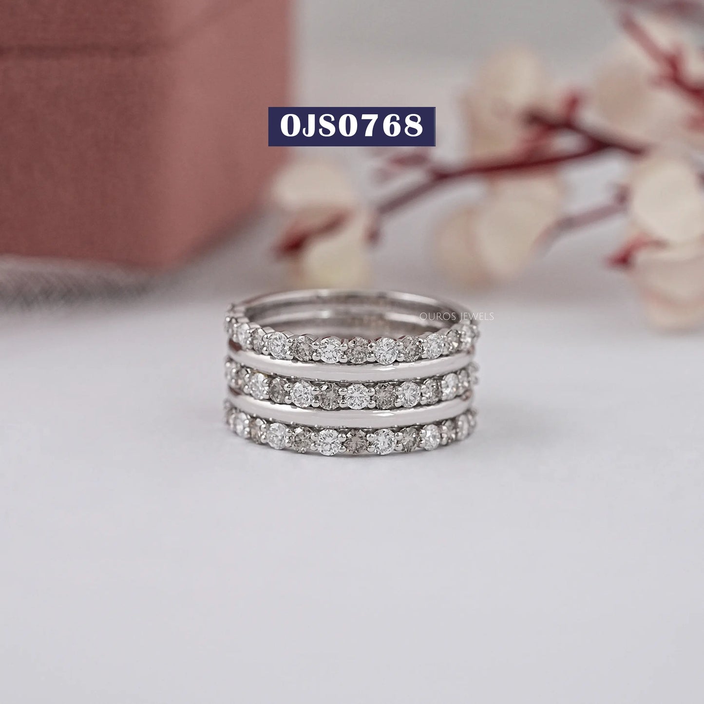 Olive Round Cut Three Layer Half Eternity Band