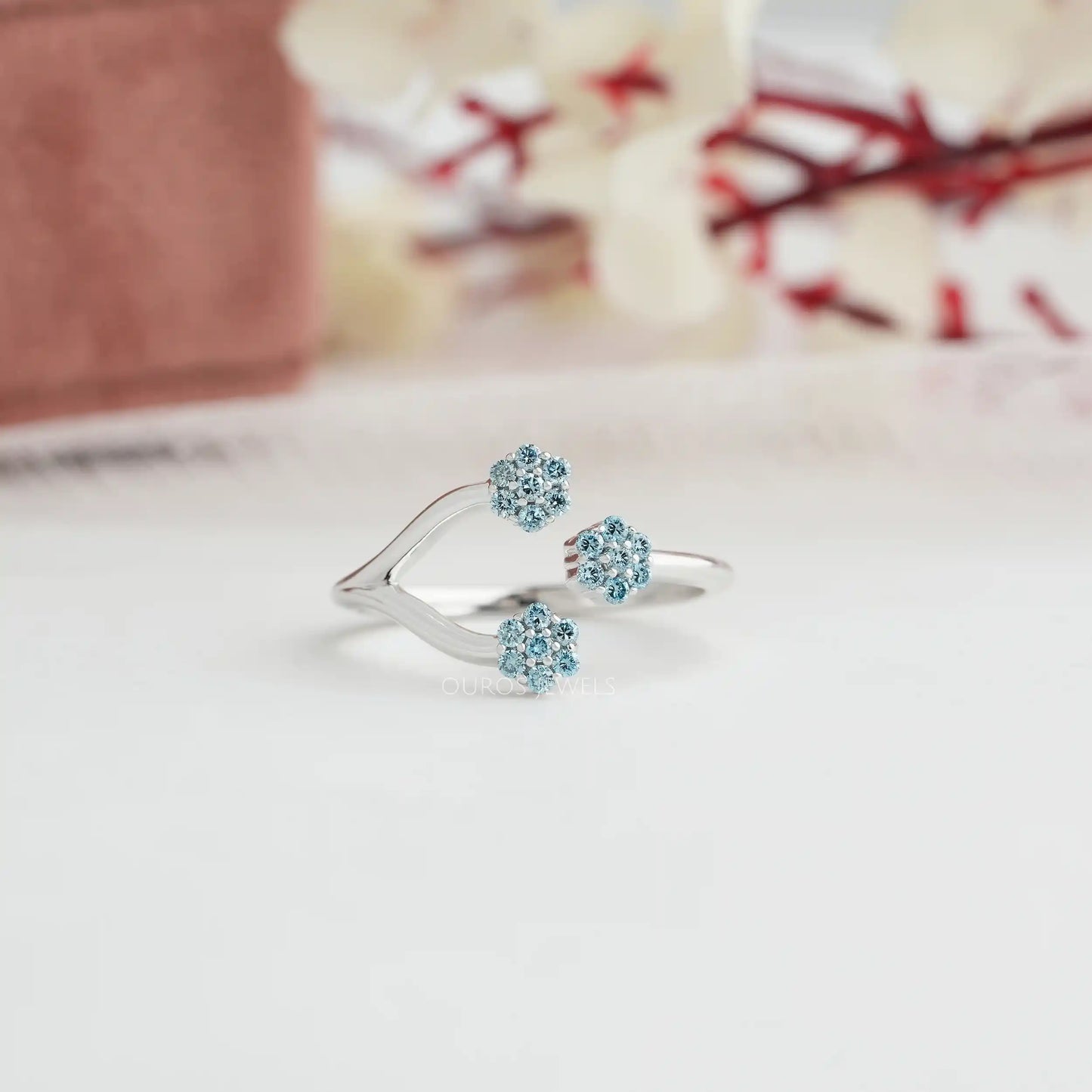 Blue Round Flower Diamond Open Cuff Ring