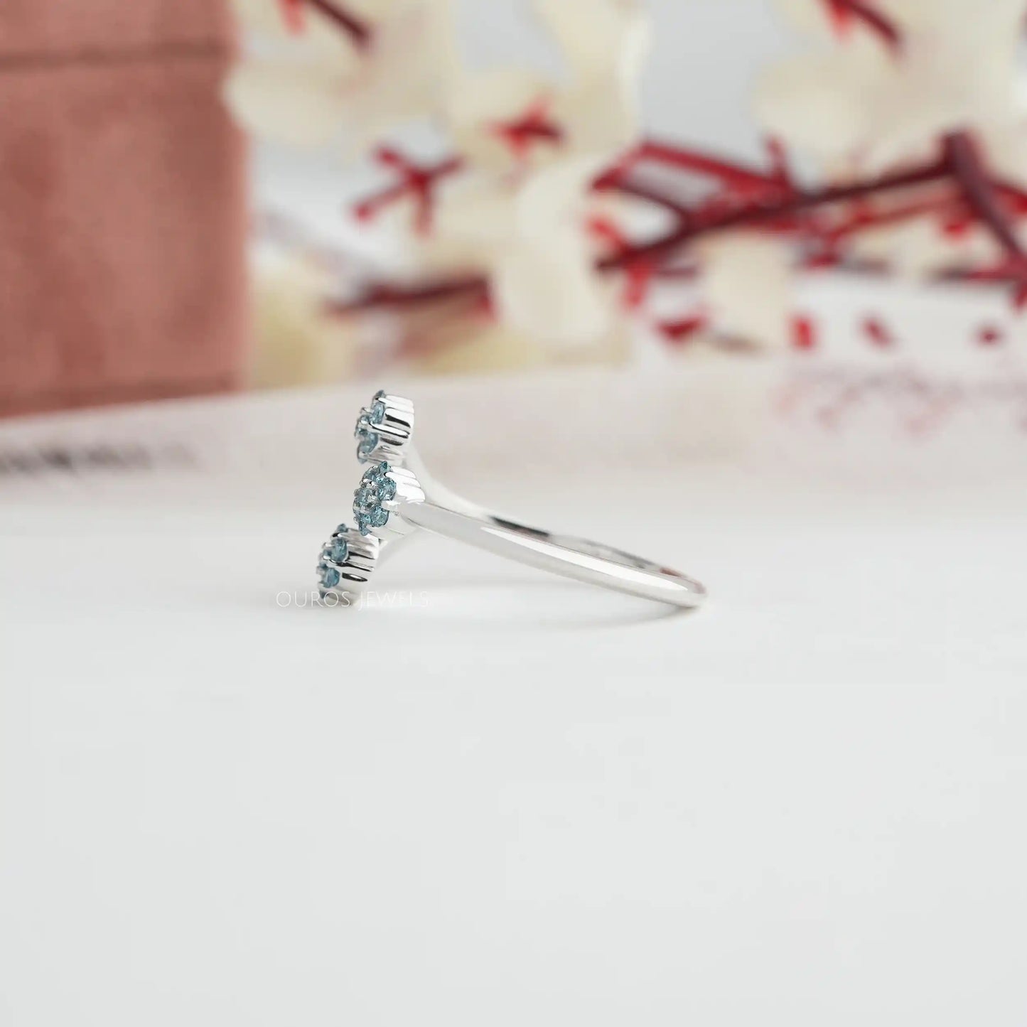 Blue Round Flower Diamond Open Cuff Ring