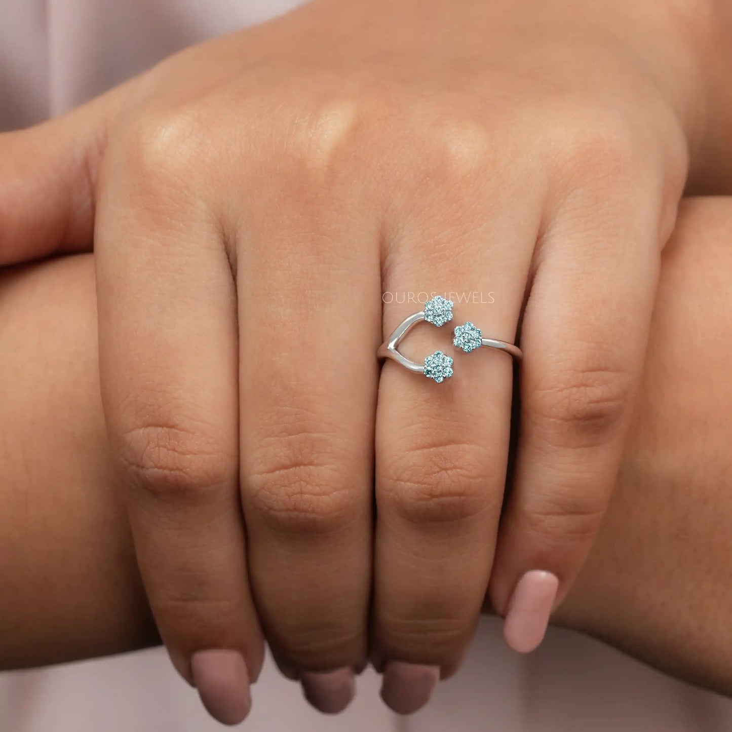 Blue Round Flower Diamond Open Cuff Ring