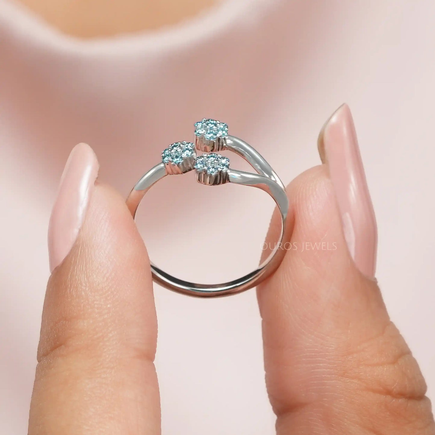 Blue Round Flower Diamond Open Cuff Ring