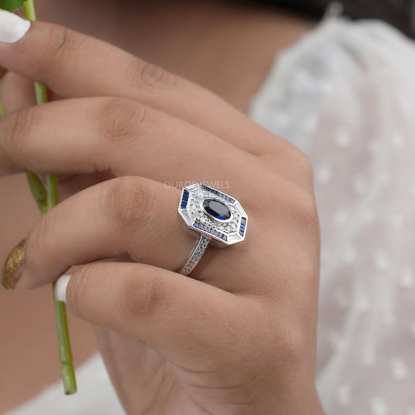 Blue Oval Cut Halo With Accent Diamond Ring