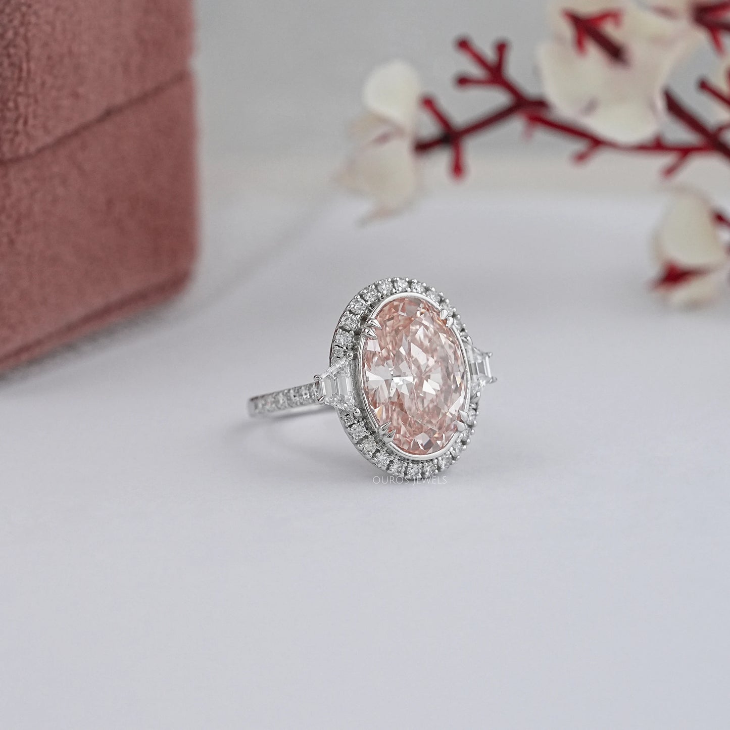 Pink Oval Cut Halo With Accent Diamond Ring