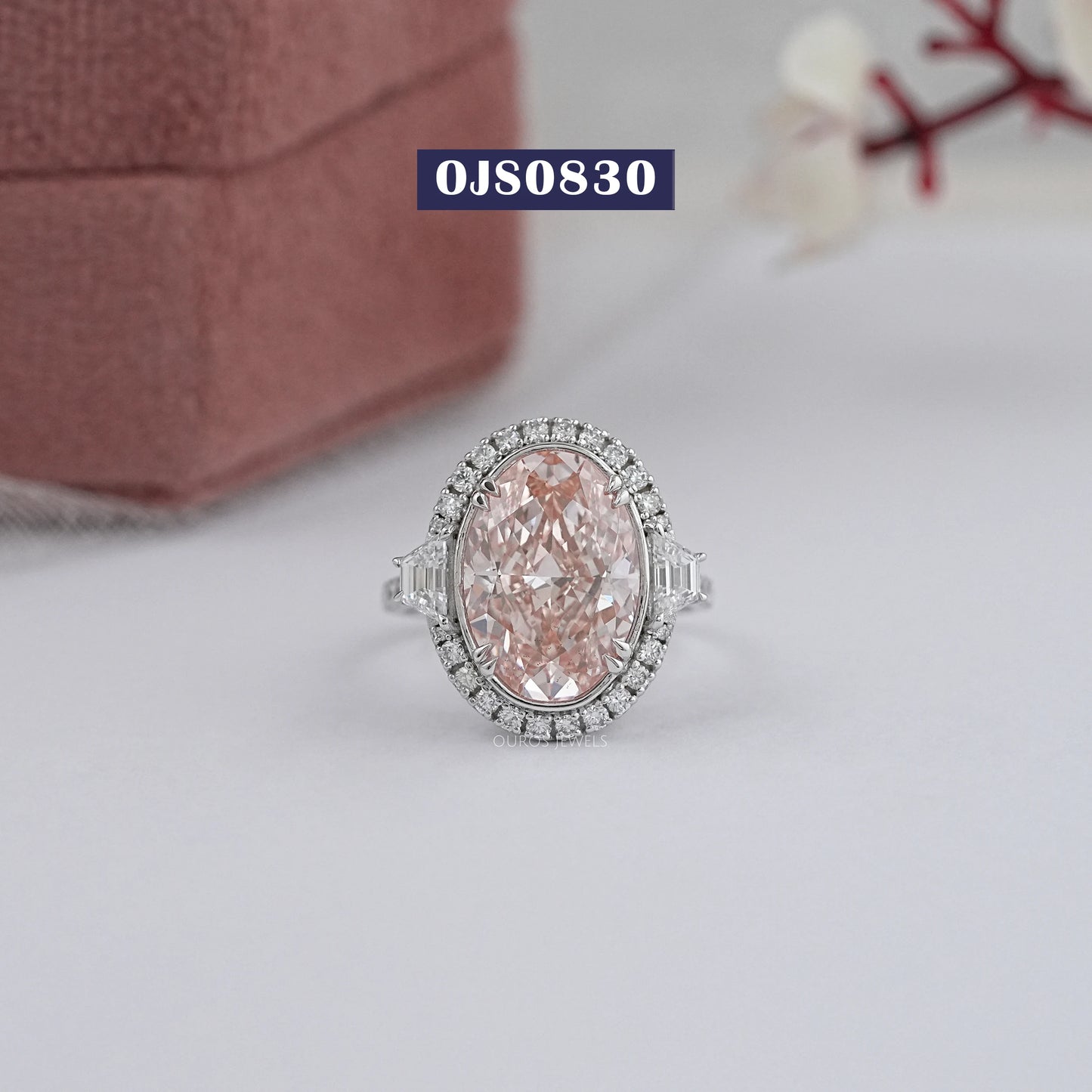 Pink Oval Cut Halo With Accent Diamond Ring