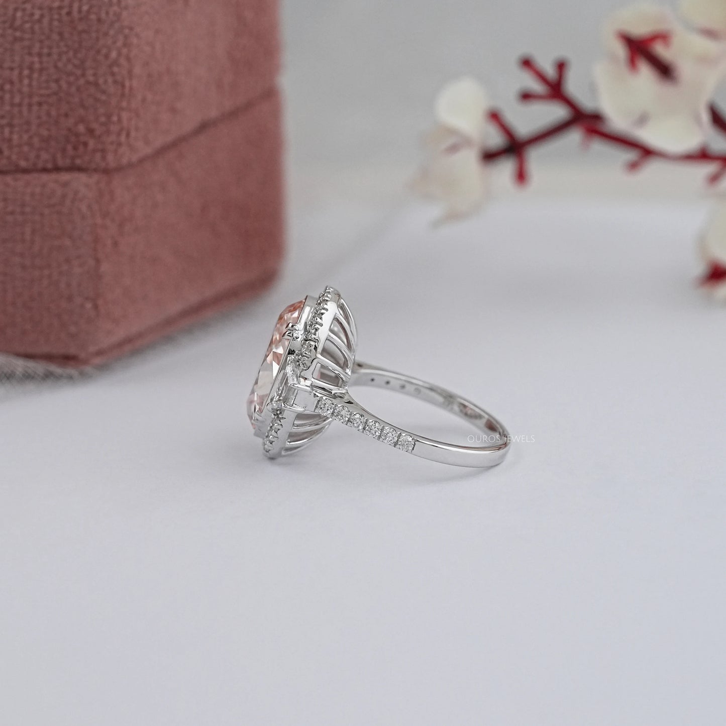 Pink Oval Cut Halo With Accent Diamond Ring