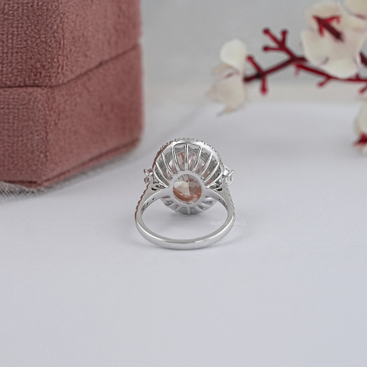 Pink Oval Cut Halo With Accent Diamond Ring