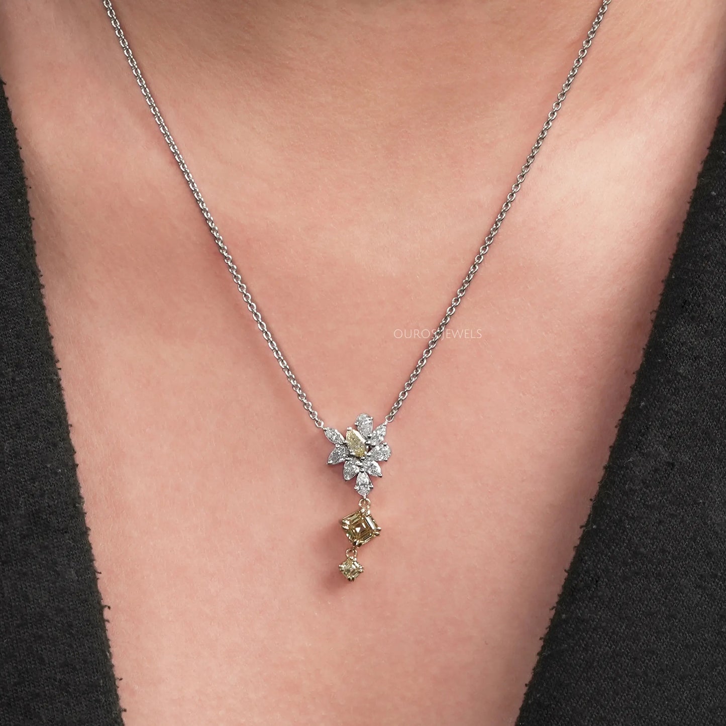 Yellow Pear And Asscher Cut Lab Diamond Pendant