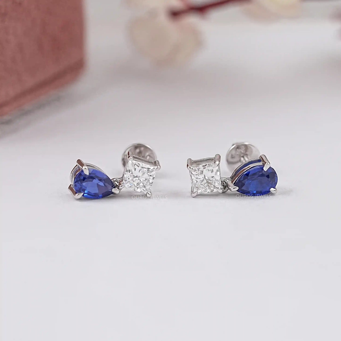 Blue Pear And Asscher Cut Lab Diamond Earring