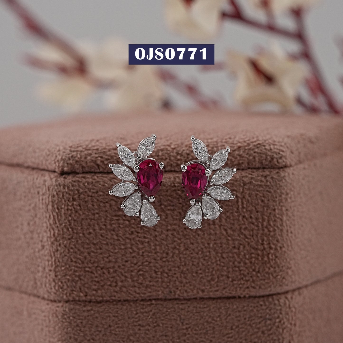 Pear Cut Red Ruby Cluster Diamond Earring