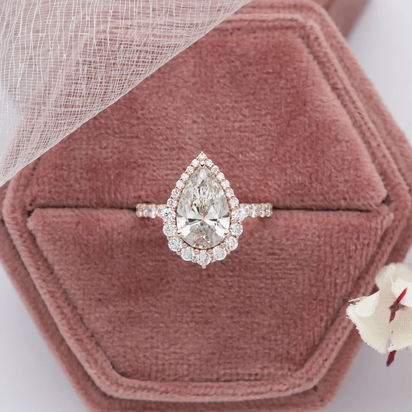 Pear Cut Halo With Accent Lab Diamond Engagement Ring