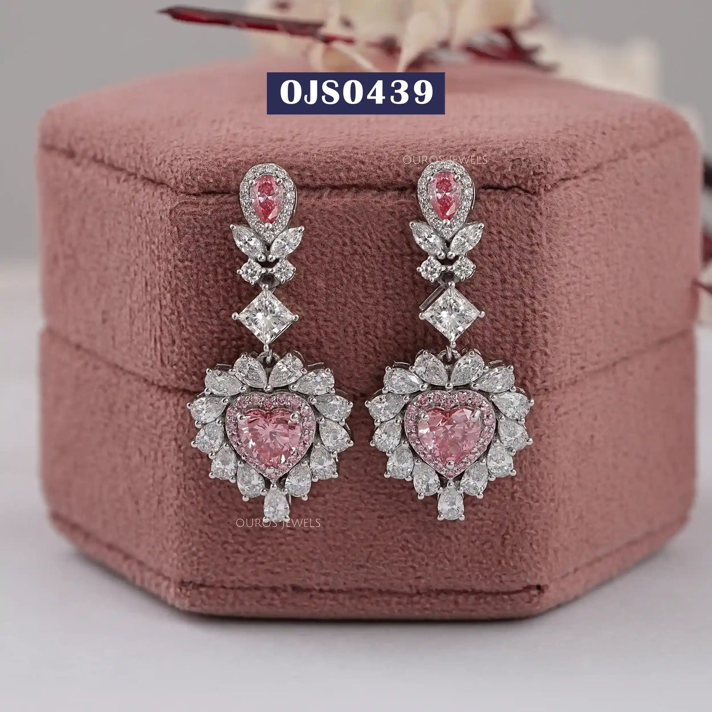 Pink Heart Cut Double Halo Drop Dangle Earring