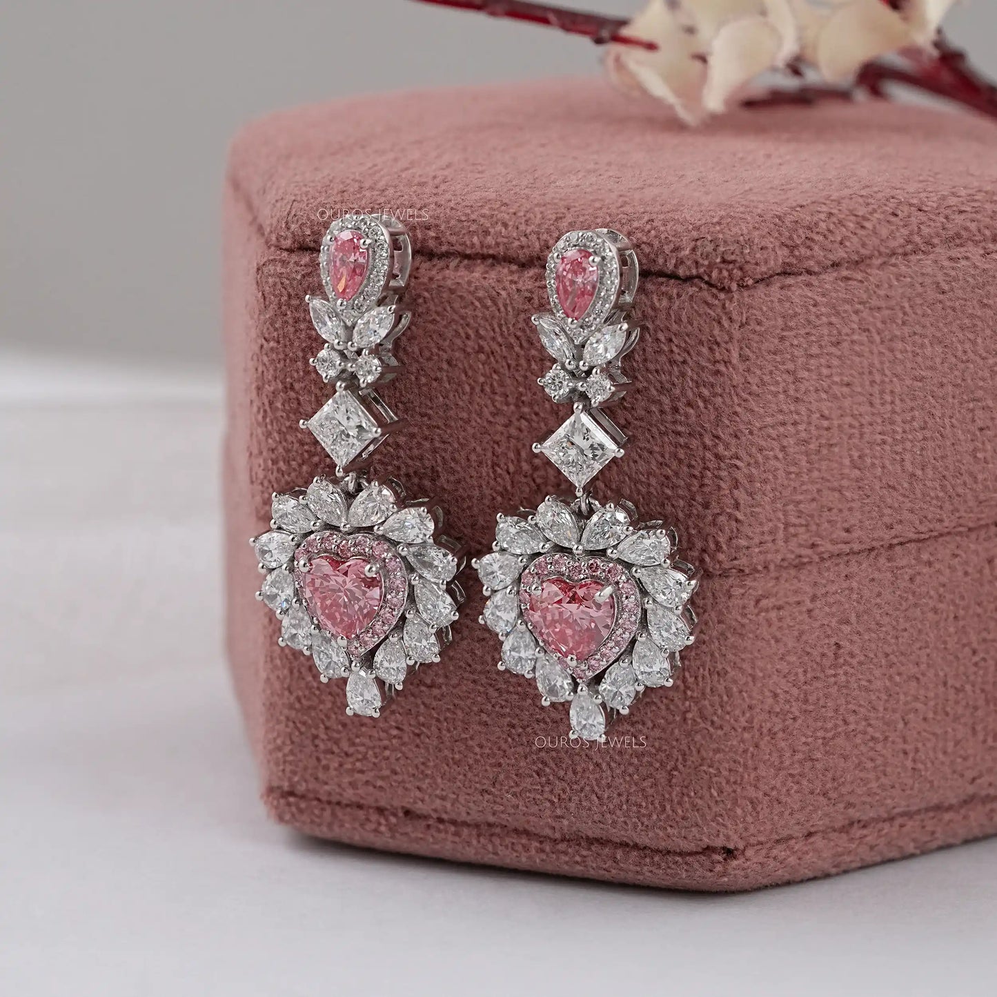 Pink Heart Cut Double Halo Drop Dangle Earring