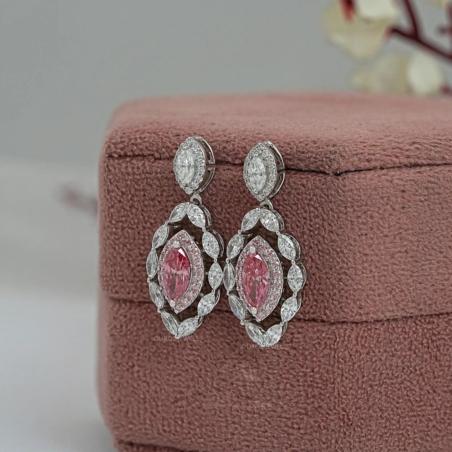 Fancy Pink Marquise Cut Double Halo Earrings