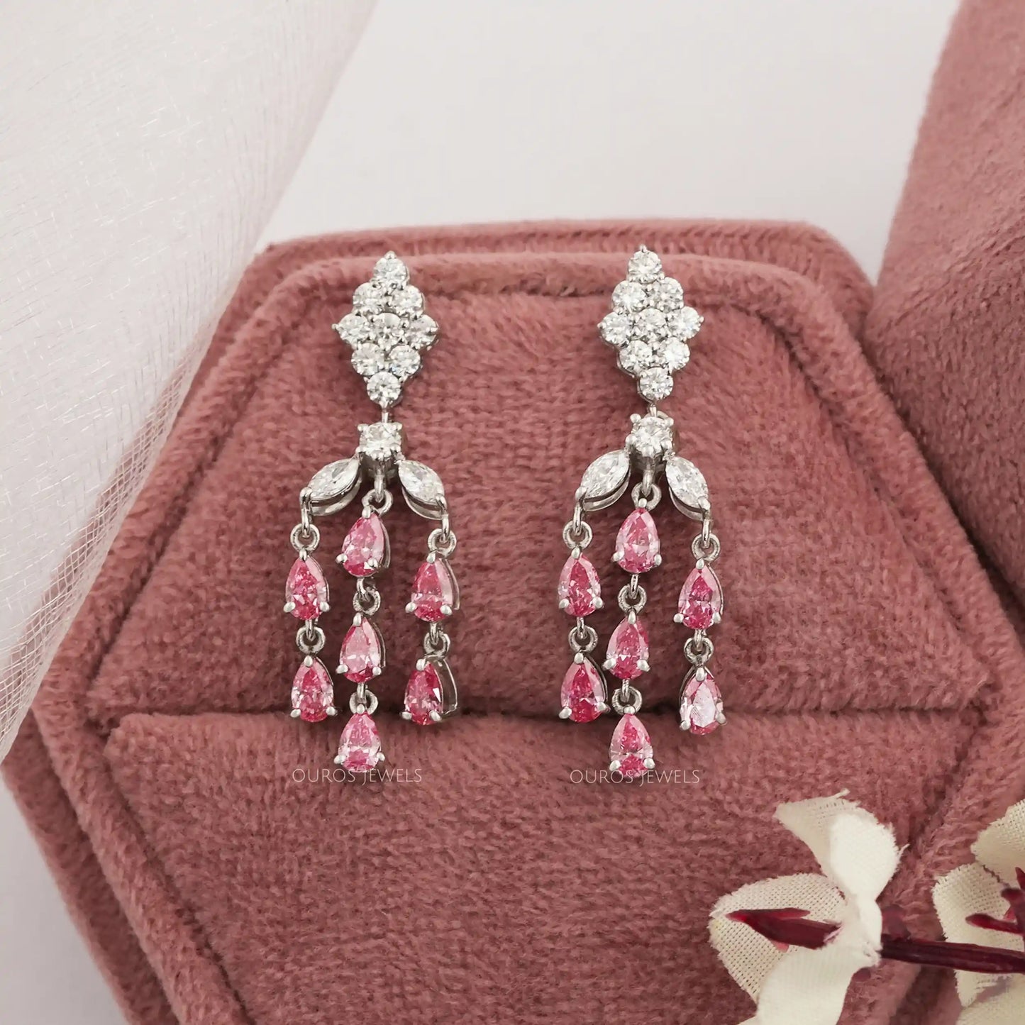 Pink Pear And Marquise Cut Lab Diamond Chandelier Earrings