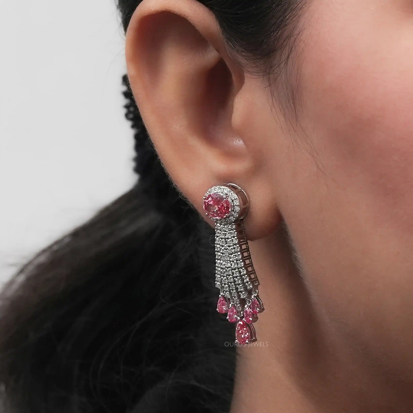 Pink Oval Cut Halo Diamond Chandelier Bridal Earring