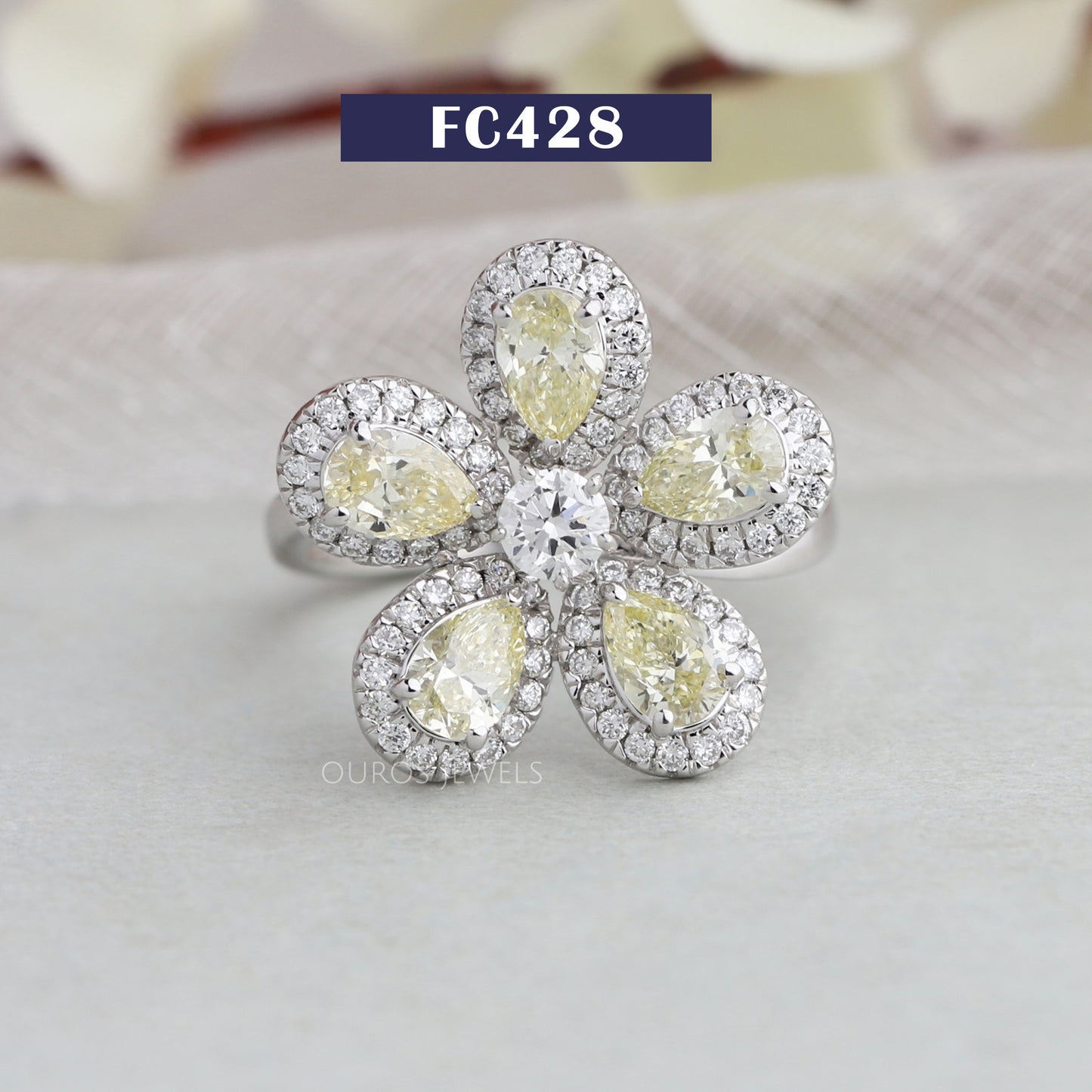 Floral Style Yellow Pear Diamond Ring