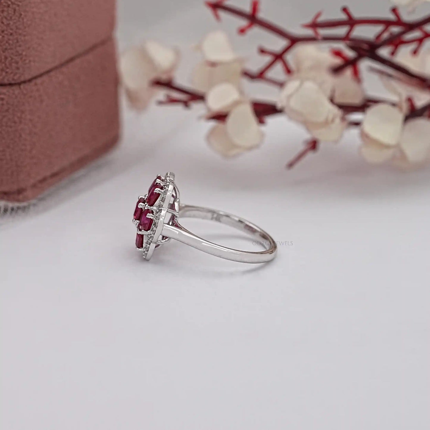 Red Ruby Cushion Cut Halo Diamond Ring
