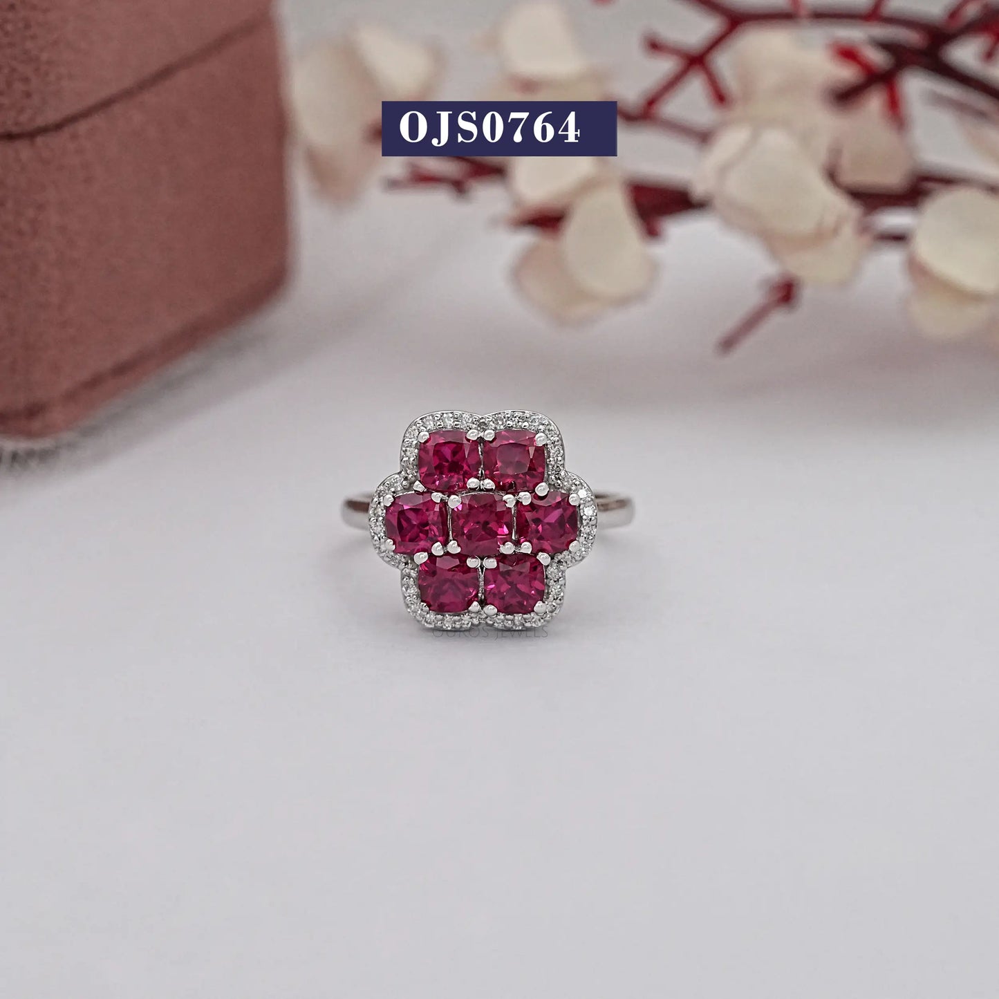 Red Ruby Cushion Cut Halo Diamond Ring