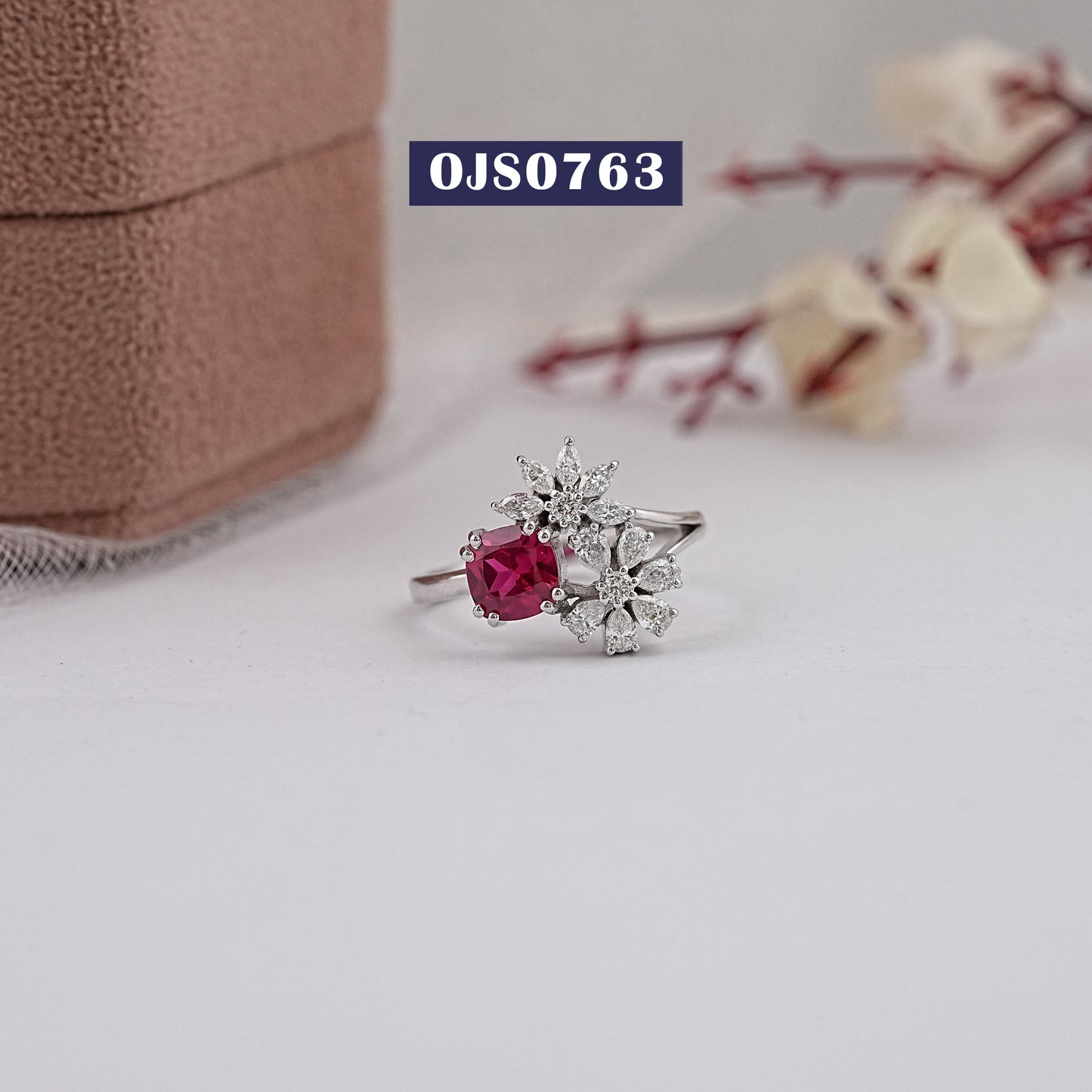 Red Ruby Cushion Cut Lab Diamond Ring