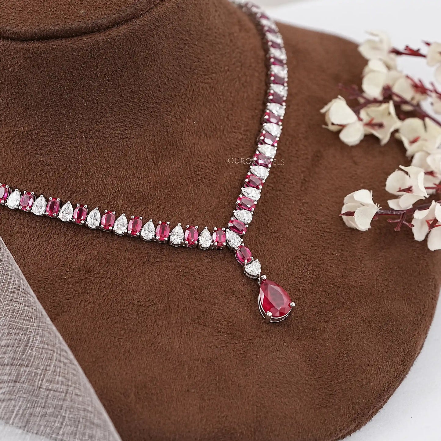 Red Ruby Oval Cut Lab Diamond Necklace