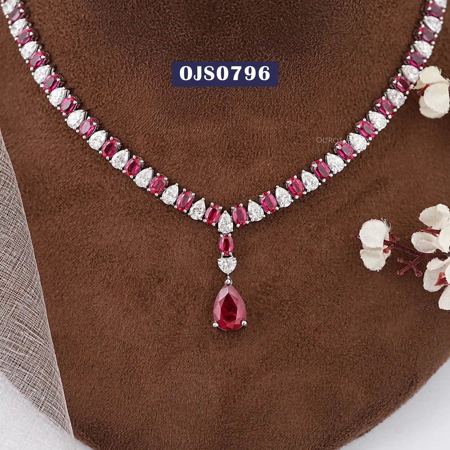 Red Ruby Oval Cut Lab Diamond Necklace