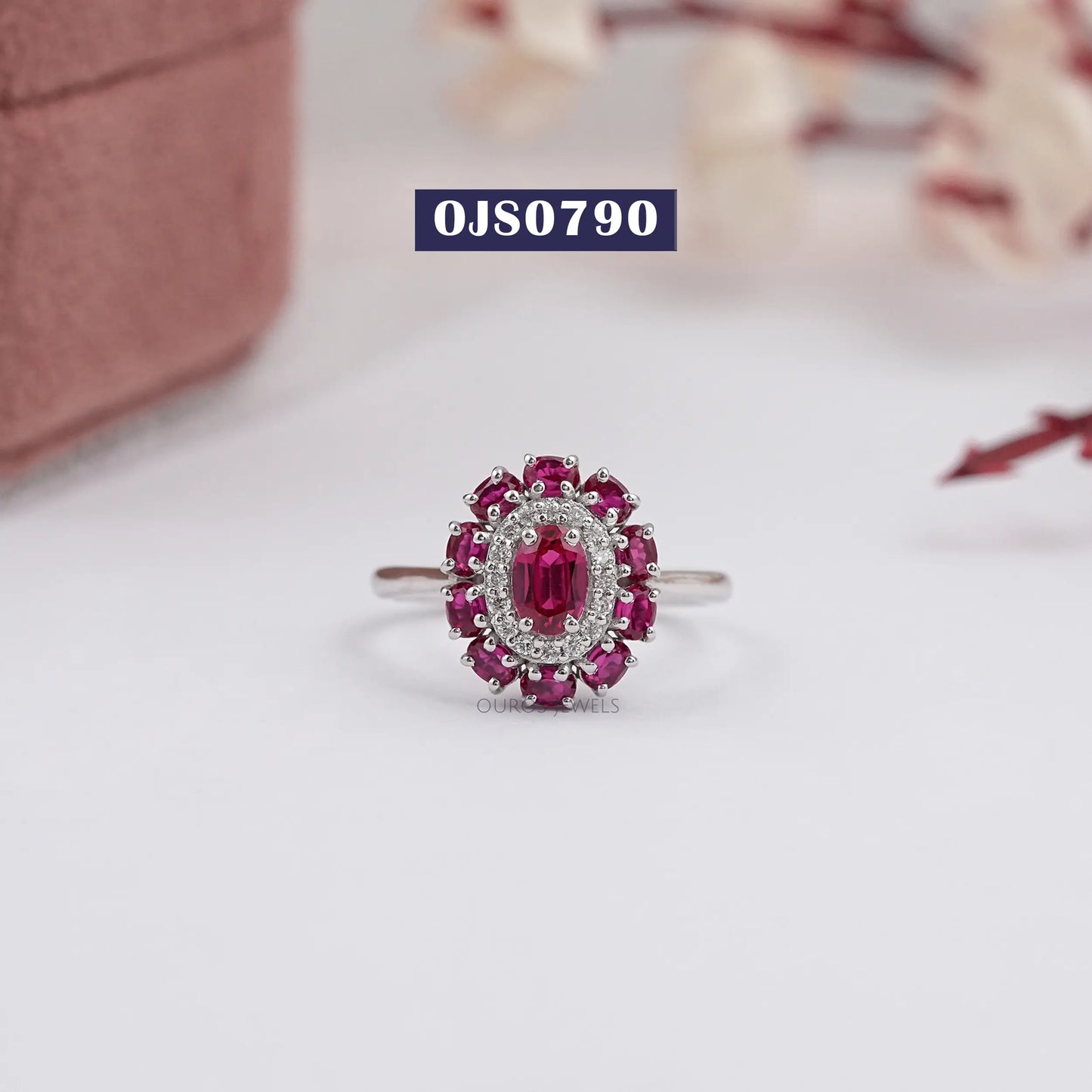Red Ruby Oval Double Halo Engagement Ring