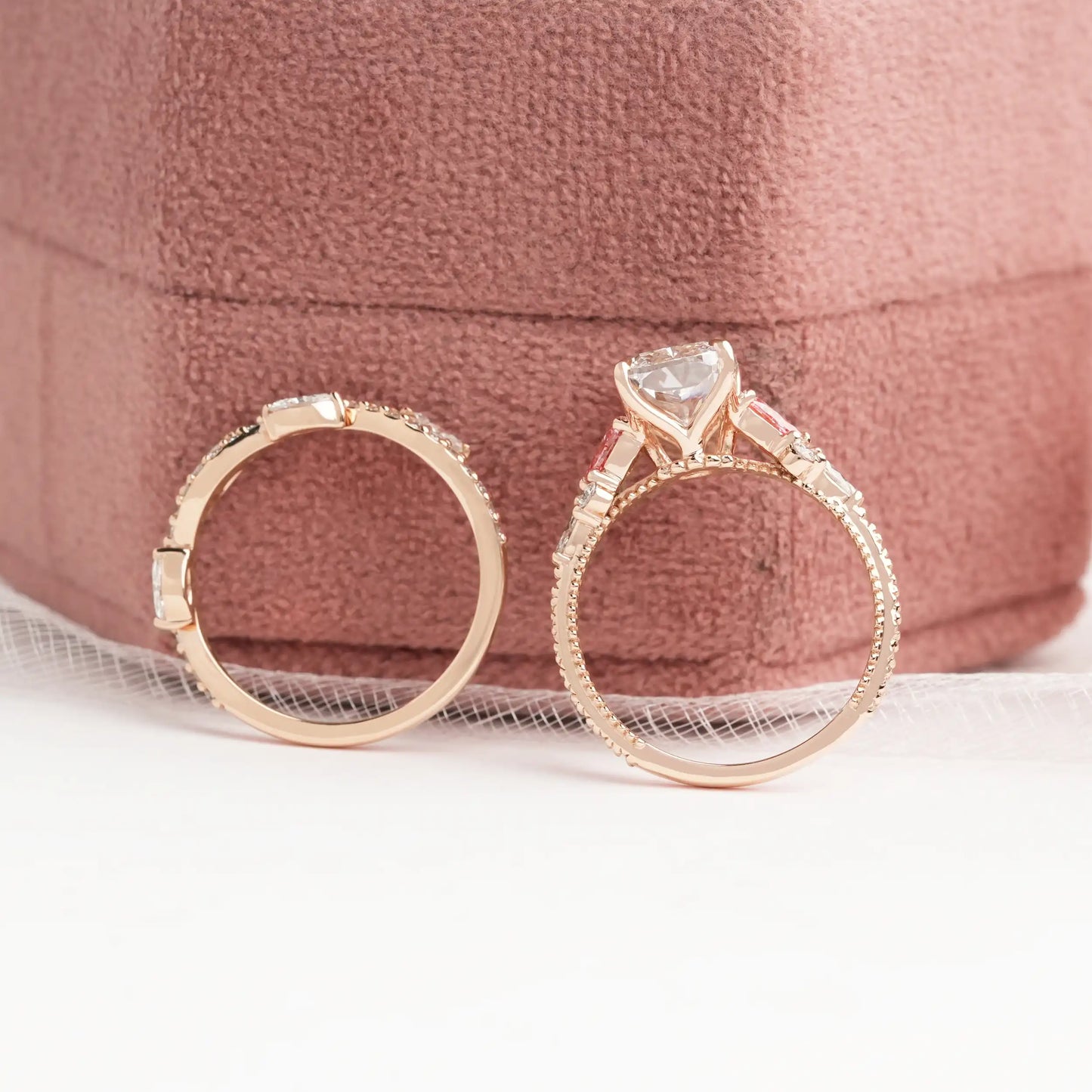 Cushion Cut With Fancy Pink Pear Lab Diamond Bridal Ring Set