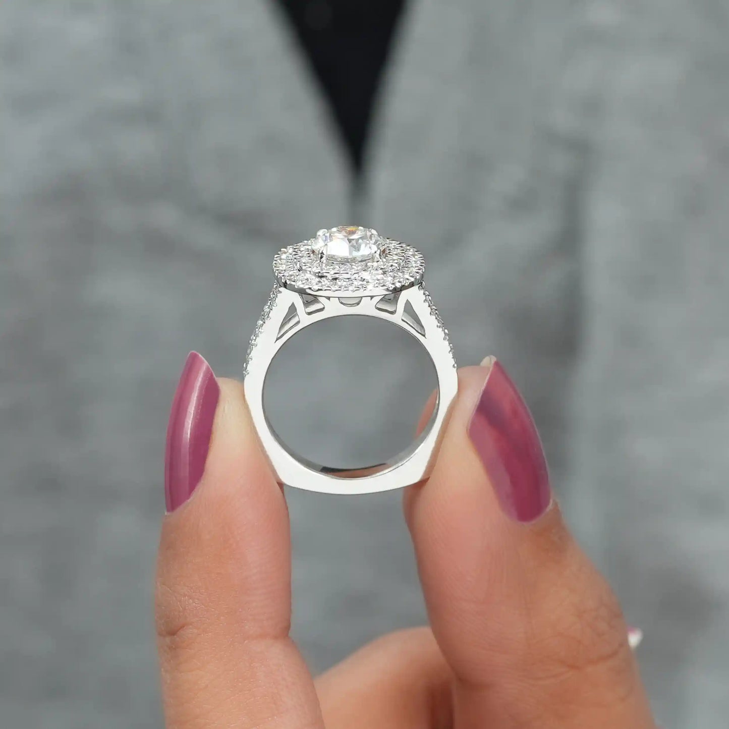 Round Cut Double Halo With Accent Lab Diamond Ring