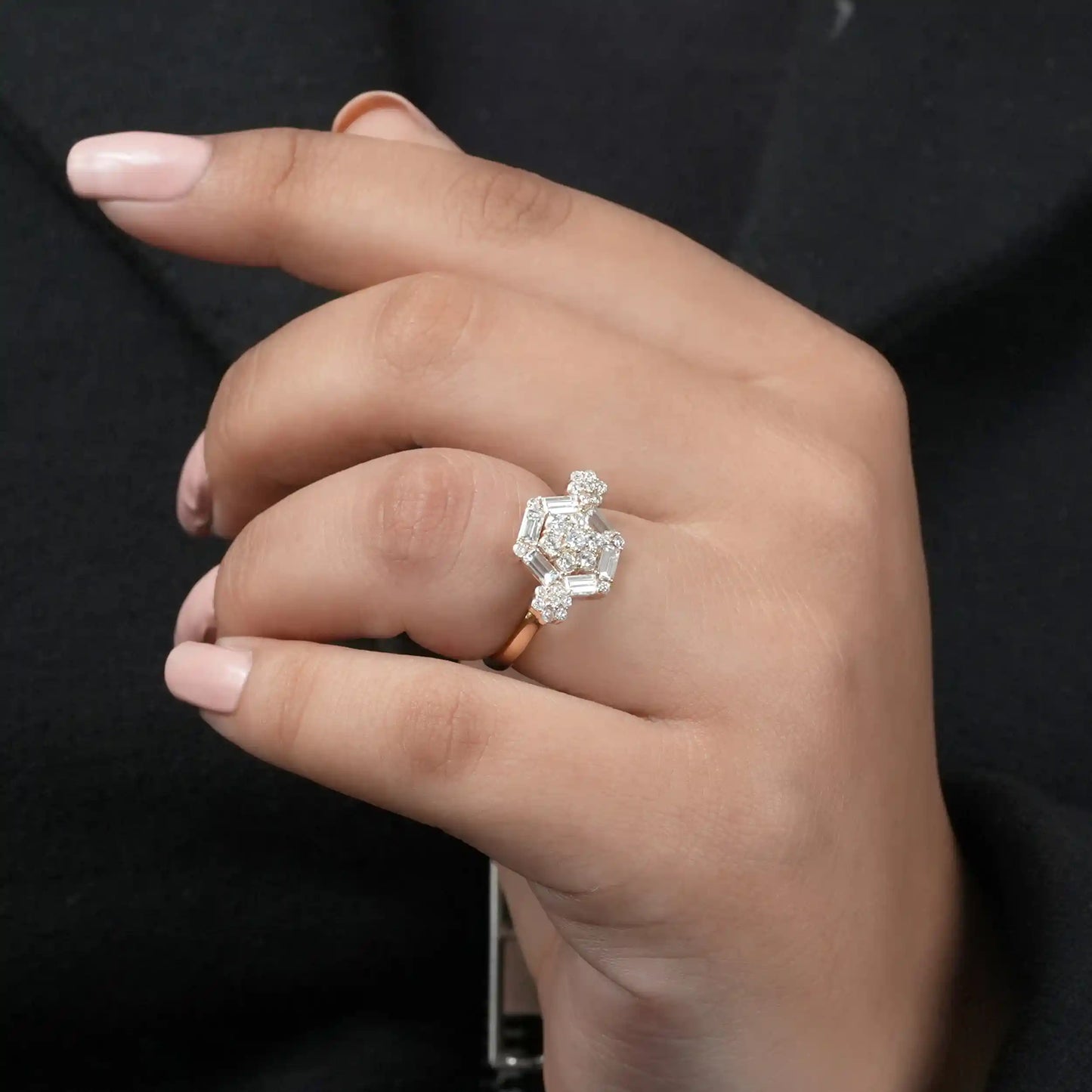 Round Flower Octagon Shape Baguette Cut Halo Lab Diamond Ring