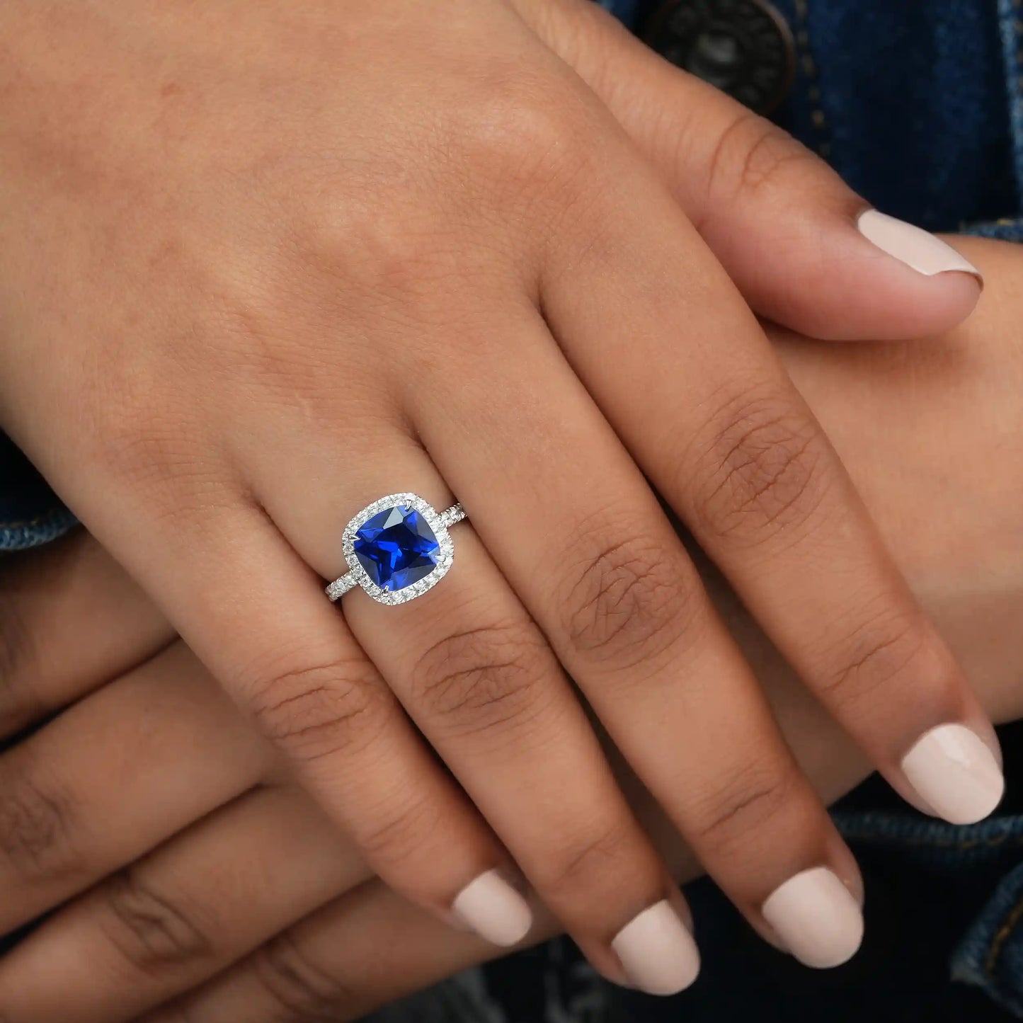 Sapphire Cushion Cut Lab Diamond Halo Engagement Ring