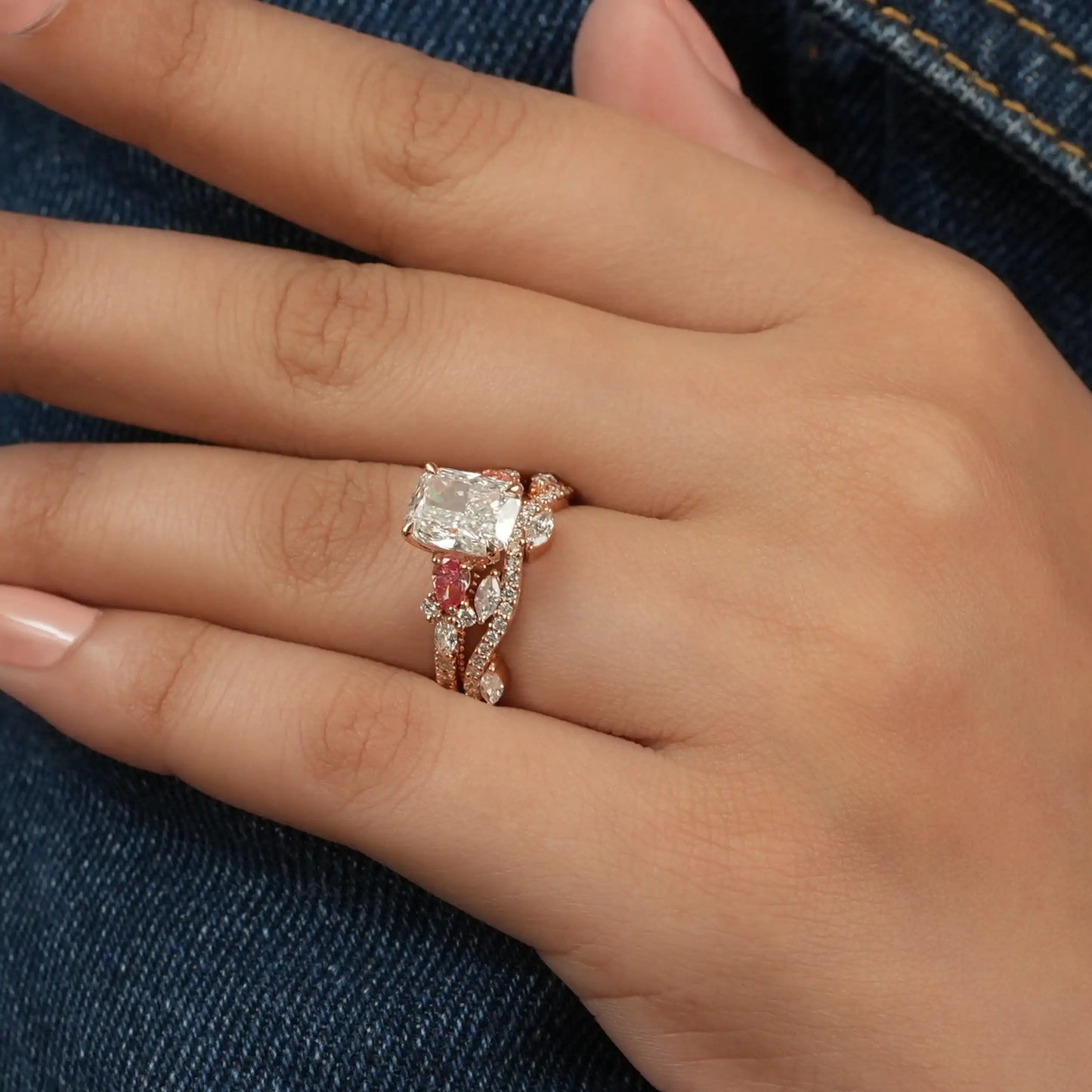 Cushion Cut With Fancy Pink Pear Lab Diamond Bridal Ring Set