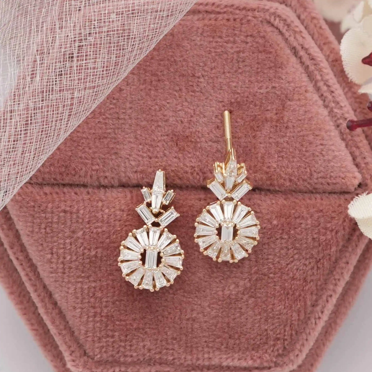 Tapered Baguette And Baguette Cut Halo Tear Drop Earrings