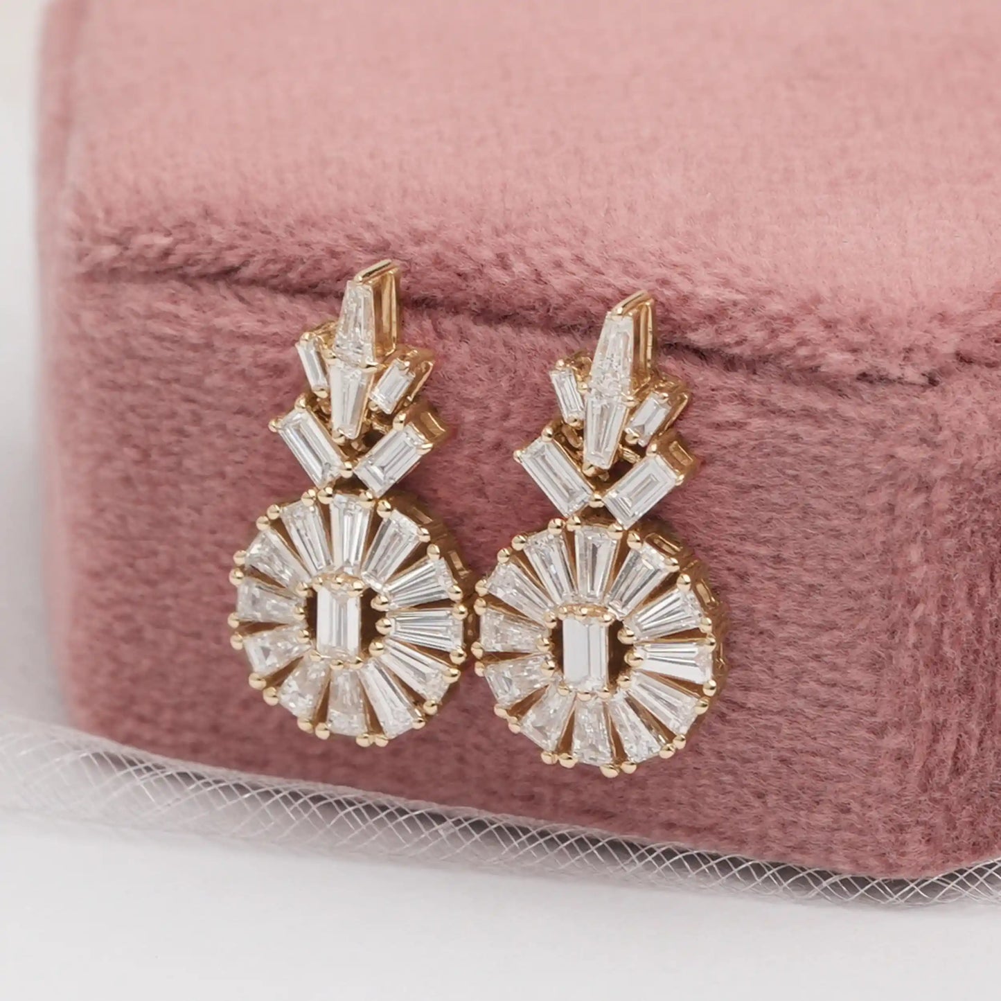 Tapered Baguette And Baguette Cut Halo Tear Drop Earrings