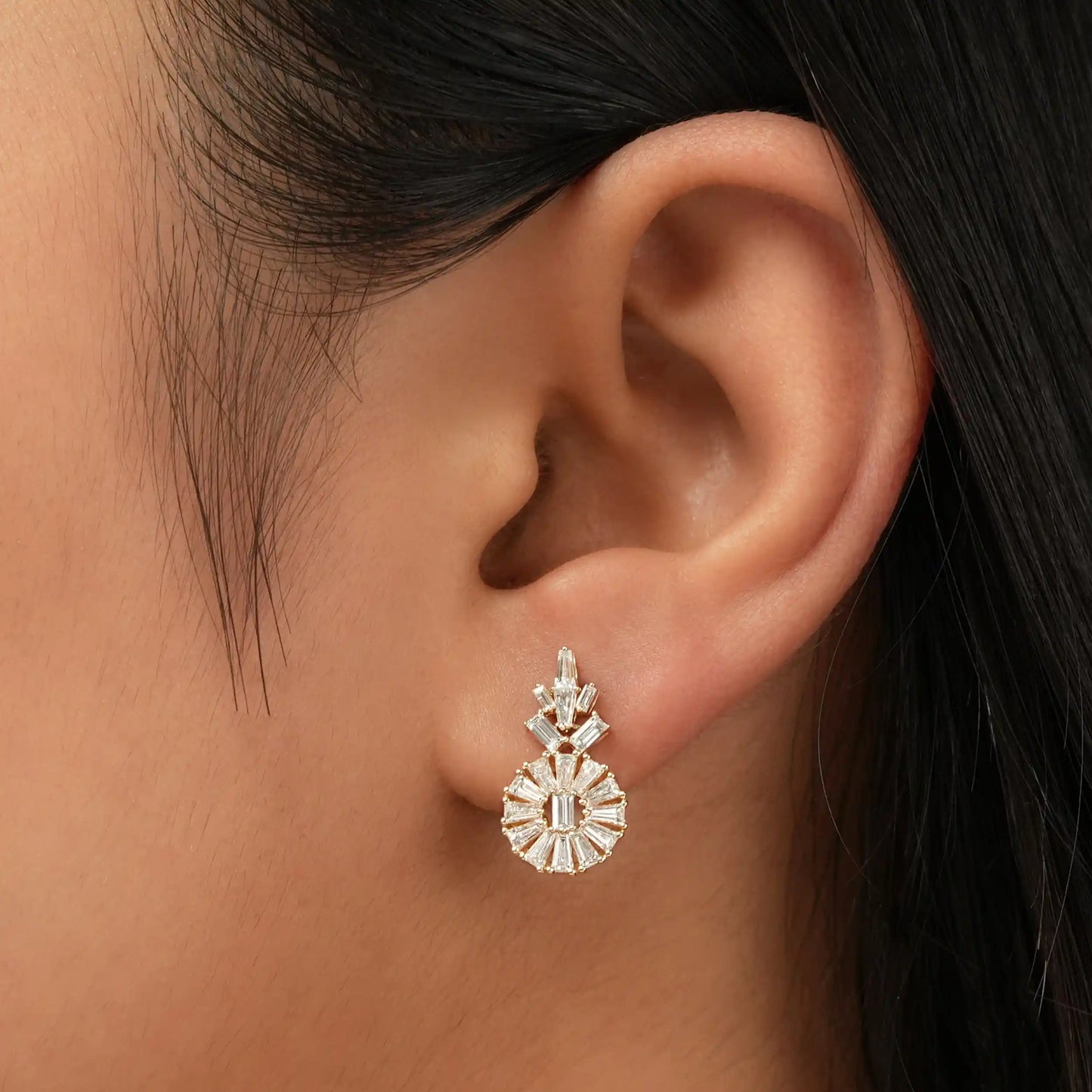 Tapered Baguette And Baguette Cut Halo Tear Drop Earrings