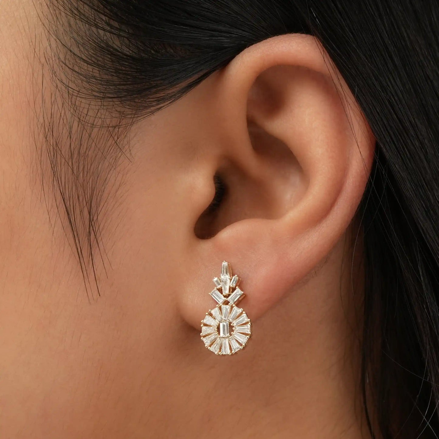 Tapered Baguette And Baguette Cut Halo Tear Drop Earrings