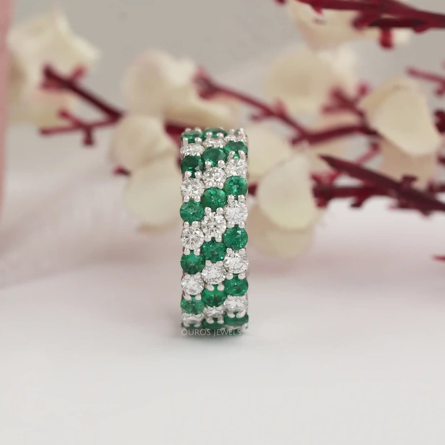 Green Round Cut Lab Diamond Three Row Full Eternity Band