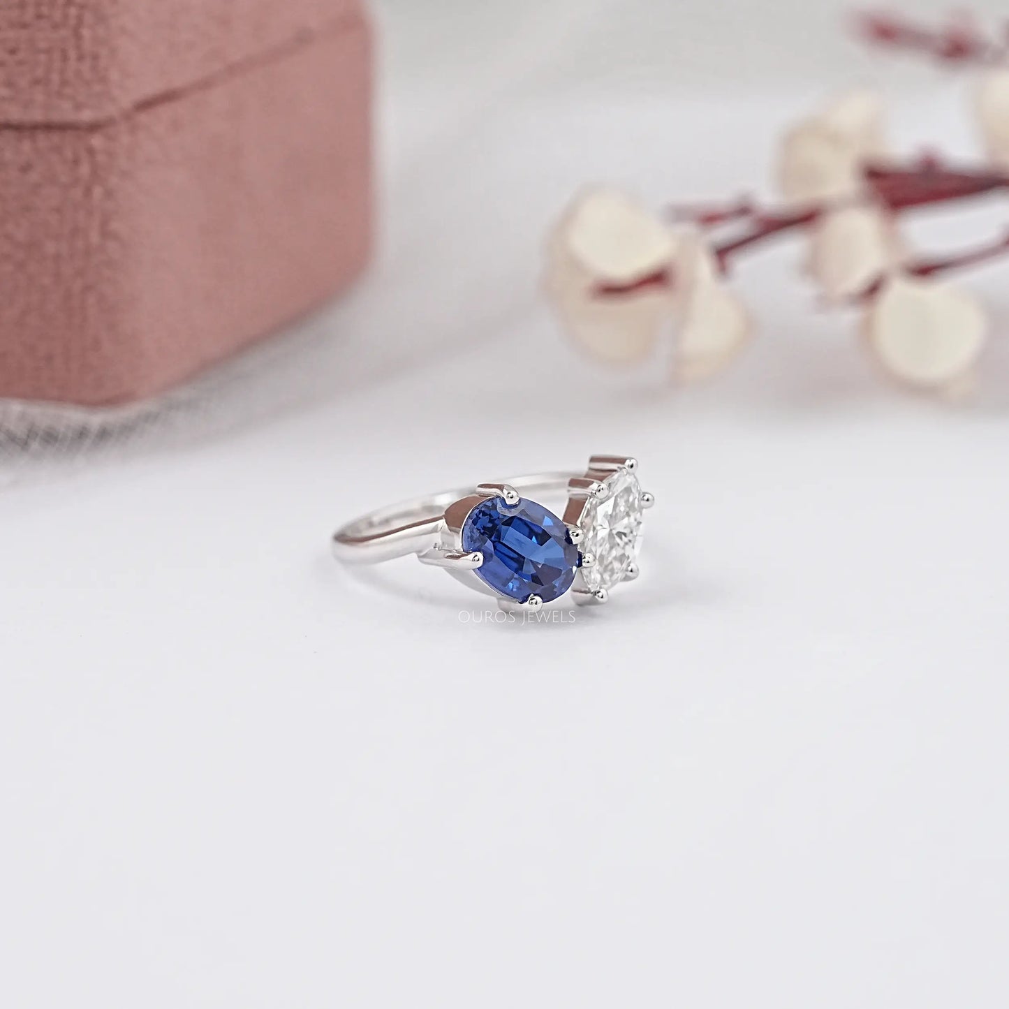 Two Stone Blue Oval Cut Lab Grown Diamond Ring
