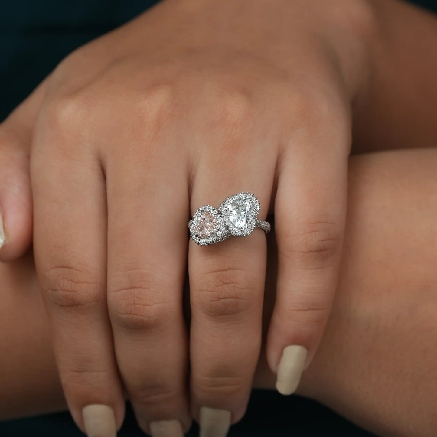 Two Stone Fancy Pink Heart Cut Halo Diamond Engagement Ring