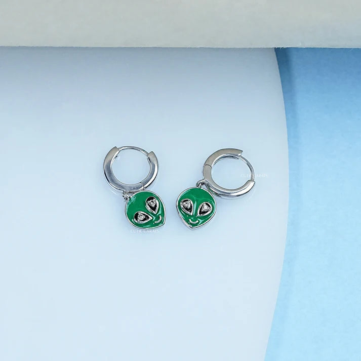 Alien Head Enamel Round Cut Lab Diamond Earrings