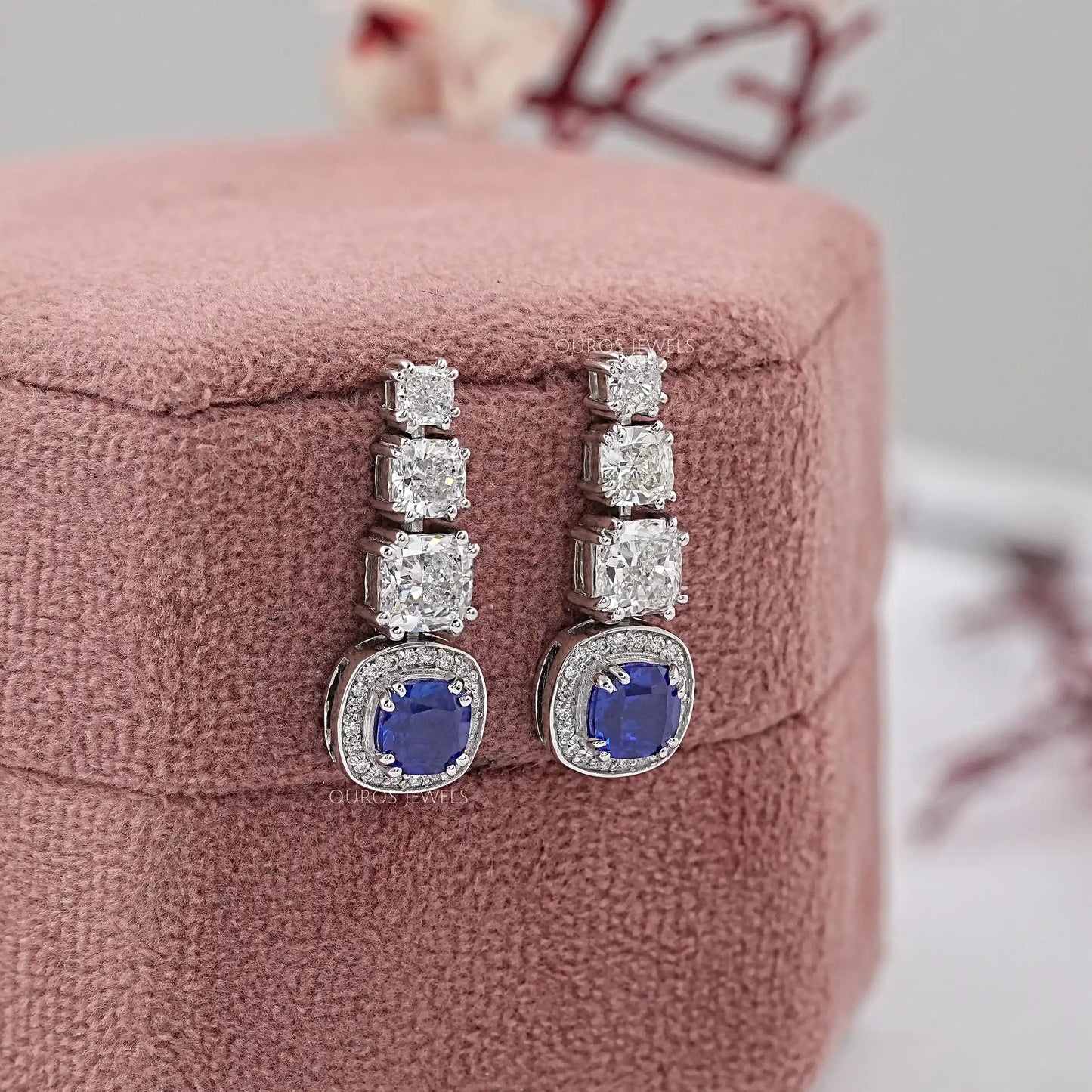 Blue Cushion Cut Drop Dangle Earring