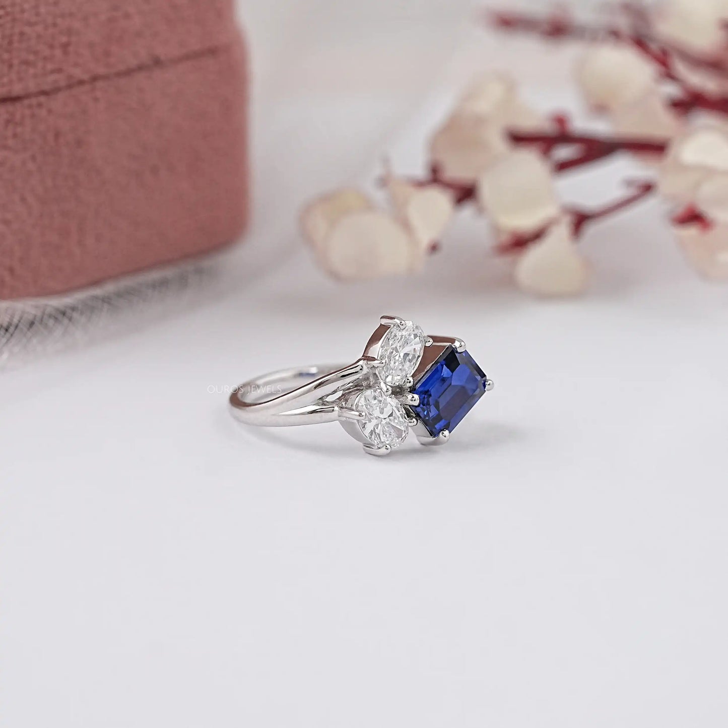 Blue Emerald Cut Three Stone Lab Diamond Ring