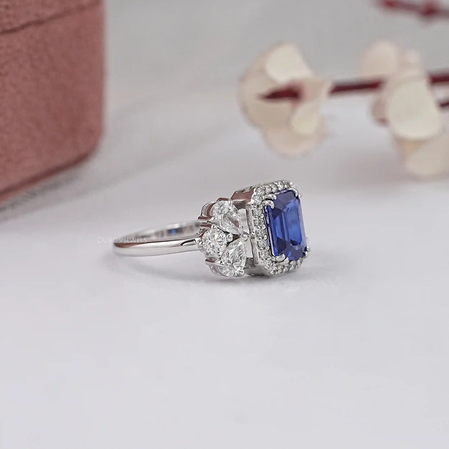 Blue Emerald Cut Halo Lab Diamond Ring